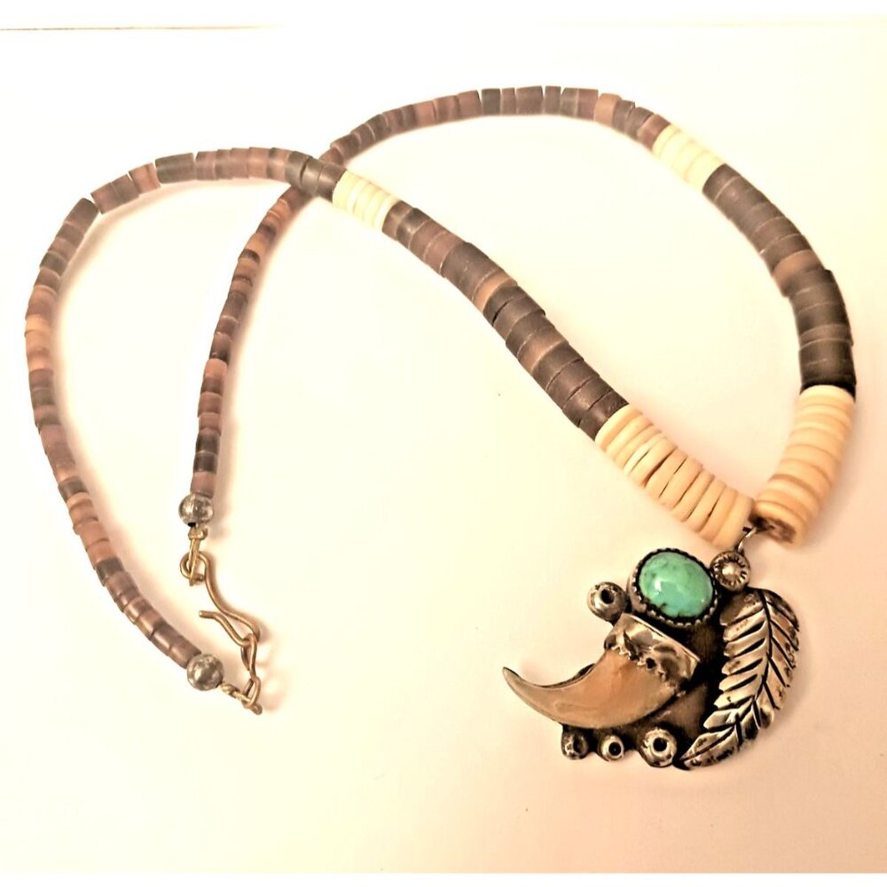 Native American Navajo Turquoise Claw Pendant on bone Heishe Necklace (1608)